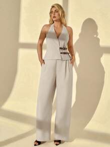 Auralis Ensembles d'été grande taille pour femmes. Tenues décontractées chics pour le travail. Tenues d'église pour femmes. Style vieux argent pour femmes. Tenue d'aéroport. Tenues d'enseignante pour femmes. Top dos nu ras-du-cou sexy et pantalon long 2 pièces, ensemble deux pièces d'été, pantalon ample élégant de navette décontracté avec poches, couleur unie et décoration de ceinture, ensemble deux pièces top sans manches - Nude - Voir 6