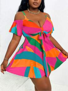 Slaydiva Set di costumi da bagno estivi per donne taglie forti, con spalline a nastro, spalle scoperte, arricciature e pantaloni a vita alta