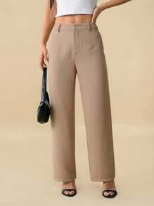 SHEIN PETITE Solid Color Straight Leg Pants, Minimalist Fashion Suitable For Summer In Fall/Winter