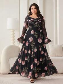 Modelyn 大码优雅花卉印花喇叭袖连衣裙 - 黑色 - 查看 7
