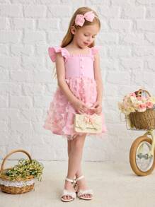 SHEIN Young Girl Fusion Casual Minimalist Comfortable Square Neck Ruffle Cap Sleeve Back Butterfly Decor Dress