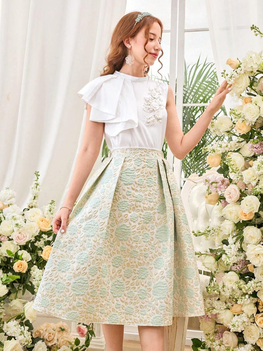 SHEIN 2 件套：少女优雅立领不对称荷叶边袖衬衫 + 纹理提花 A 字裙套装，公主裙套装 - 綠色 - 查看 1