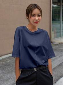 DAZY Women's Casual Loose Design Patchwork Short Sleeve T-Shirt, Summer Oversized T-Shirt - Navy Blue - View 4