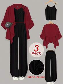 SHEIN LUNE 大码女式纯色编织外套 + 吊带背心 + 宽松休闲裤 3 件套 - 紅色 - 查看 6