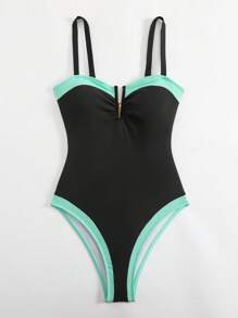 Swim Lushoire 1 pezzo Costume da bagno intero da donna con scollo a V, con reggiseno con ferretto, a blocchi di colore con costine