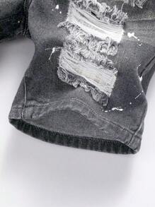 SHEIN Cool And Casual Dark Grey Ripped Denim Bermuda Shorts For Young Boys: Stylish Paint Splatter Design For A Modern Look - Dark Grey - View 7