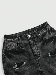 ROMWE Grunge Punk 大码纯色紧身复古水洗女式休闲牛仔裤 - 灰色 - 查看 4