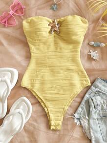 Soleia Bộ đồ liền thân Bandeau trang trí hình sao biển thon gọn cho nữ, thích hợp cho bãi biển, ngày lễ, hẹn hò, trà chiều, lễ hội âm nhạc, phong cách Boho, mùa xuân/hè - Màu Mù tạt vàng - Xem 4