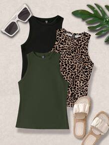 SHEIN LUNE Atasan Kasual Tanpa Lengan Leher Bulat Ukuran Besar, Kaos Motif Cheetah Minimalis untuk Pemakaian Sehari-hari - MultiWarna - View 1