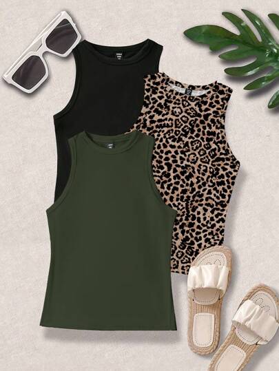 SHEIN LUNE 大码圆领无袖休闲上衣，简约日常穿着猎豹印花 T 恤