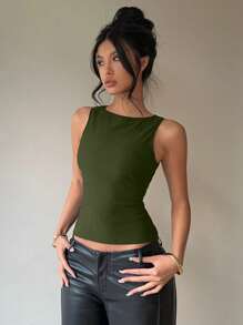 Aloruh Women Backless Bowknot Decor Round Neck Sleeveless Shirt, Commute & Everyday Wear - Army Green - View 4