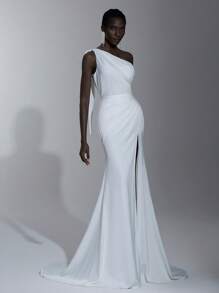 Elitara 女士优雅白色露背婚纱，带不对称荷叶边下摆，新娘 - 白色 - 查看 4