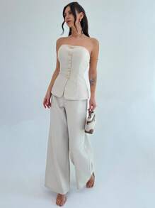 Firerie Women 2 Pieces Set Elegant Minimalist Metal Button Bandeau Top And High Waist Wide Leg Pants In Khaki, Suitable For Office, Leisure, Vacation - Khaki - View 4