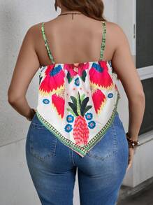 SHEIN Holidaya 大码女式不对称下摆印花休闲度假吊带背心 - 綠色 - 查看 2