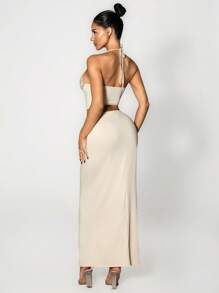 Sirith Completo elegante estivo da donna, composto da top a collo alto con inserti in pizzo a contrasto e gonna, set di 2 pezzi - Albicocca - Visualizzare 2