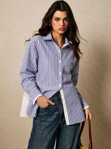 Poéselle Women Casual/Commute Striped Long Sleeve Shirt - Blue and White - View 7