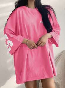 DAZY Women Letter Print Round Neck Drop Shoulder Loose Casual Versatile T-Shirt Oversized T-Shirt,Back To School Clothes - Watermelon Pink - View 2