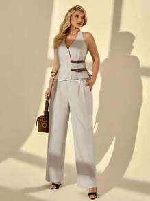 Auralis Ensembles d'été grande taille pour femmes. Tenues décontractées chics pour le travail. Tenues d'église pour femmes. Style vieux argent pour femmes. Tenue d'aéroport. Tenues d'enseignante pour femmes. Top dos nu ras-du-cou sexy et pantalon long 2 pièces, ensemble deux pièces d'été, pantalon ample élégant de navette décontracté avec poches, couleur unie et décoration de ceinture, ensemble deux pièces top sans manches - Nude - Voir 4