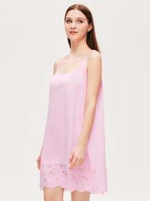 LUVLETTE 粉色婚礼必备刺绣性感睡裙棉质透气女士睡衣吊带裙内衣作为外套新娘内衣和睡衣 - 粉色 - 查看 6