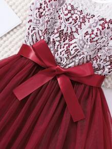 Tween Girls' Elegant Sweet Contrast Color Lace Contrast Mesh Dress Summer Holiday - Burgundy - View 3