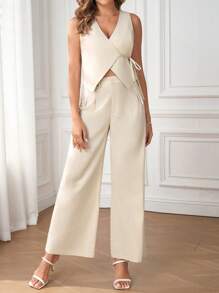 SHEIN Clasi Conjunto de 2 piezas de chaleco con amarre en la cintura y pantalones de pierna ancha con pliegues de cintura alta en unicolor de lino - Conjunto de traje elegante simple para el trabajo, primavera/verano