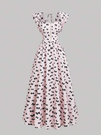 SHEIN MOD Langes Kleid mit Oversized Schleifenverzierung, Schmetterlings-Muster in Rosa & Schwarz, geeignet für Date, Party, Urlaub, Tee-Party, Geburtstagsereignisse, Sommeroutfits für Frauen, Ostern, Boho, Rave Outfits, Geburtstagskleider für Frauen, Country Konzert Outfit, Fairycore, Baby Shower Kleid, Brunch Outfits für Frauen, Urlaubsoutfits Frau, Boho Damenbekleidung, Country Konzert Outfit, Rave-Outfits Festival, Brunch Outfits für Frauen, Strandurlaubs-Outfits, Europäischer Sommer, Sommerkleid, Milchmädchen-Kleid für Frauen