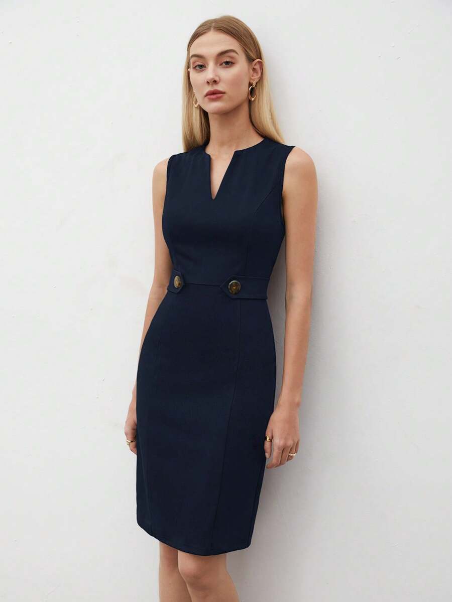 BizChic 2025 宝蓝色V领无袖连衣裙，腰部有金属纽扣装饰，浪漫优雅，适合商务休闲、办公室穿着和日常穿着 - 藏蓝色 - 查看 1