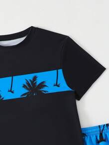 Teen Boys Coconut Tree tryckt topp och slumpmässigt tryckta badbyxor set, sommarsemester - Blå - Visa 4