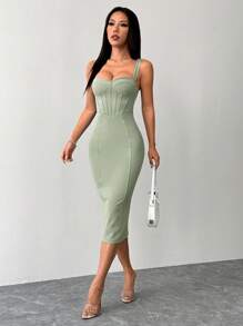SHEIN PETITE Split Back Bodycon Blue Slim-Fitting Bust-Cup Hip Midi Dress,Mint Green Dress - Mint Green - View 7