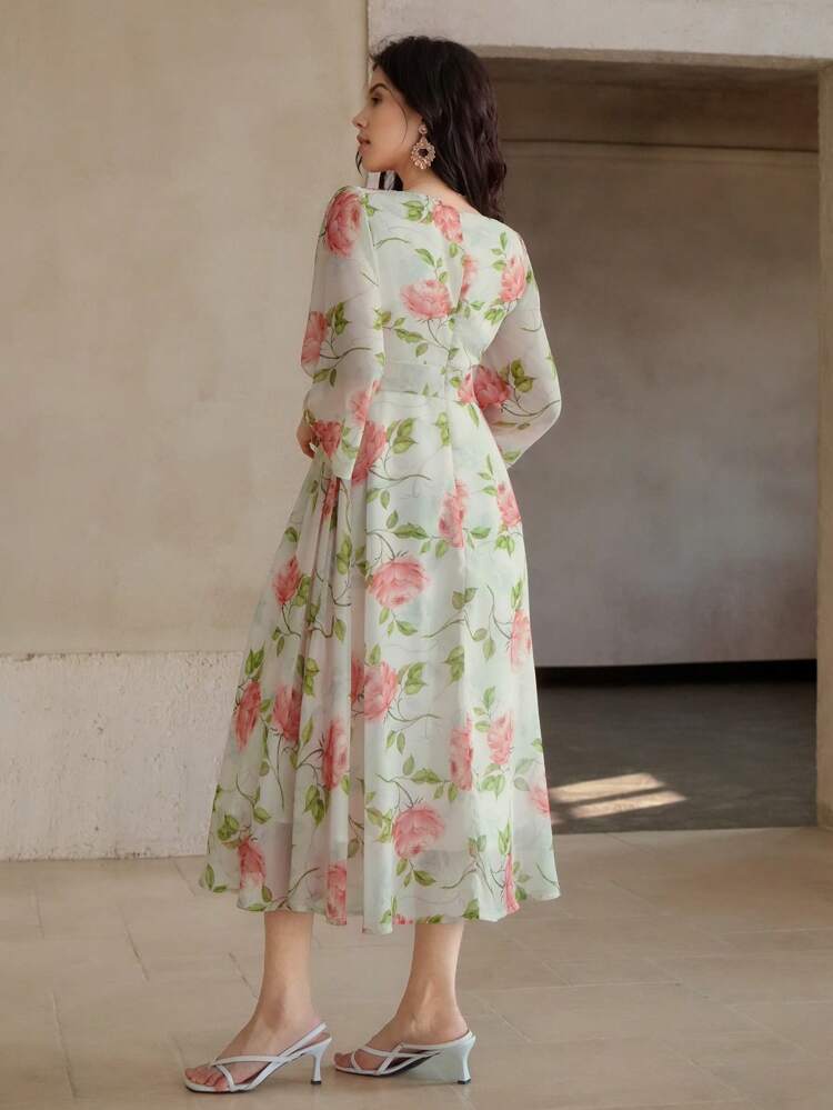 Women's Floral V-Neck 3/4 Sleeve Elegant Mid-Length Dress Boho