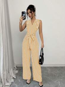 Elenzga 女士休闲通勤条纹连体裤 - 棕色 - 查看 5