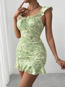 VaVaBold Vestido elegante con estampado floral, vuelo en el bajo, lazo al frente y hombros descubiertos, para vacaciones y playa, para mujer - Verde - Ver 4