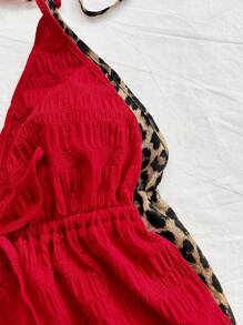 Soleia Set de 2 piezas Camiseta de tirantes con estampado de leopardo sexy para vacaciones, Blusa de cuello en V y espalda descubierta de tela texturizada roja para citas, té por la tarde, vacaciones, festivales de música, estilo bohemio