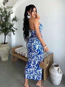 SHEIN SXY Bộ 2 áo crop top in hoa đi nghỉ cho nữ & chân váy bút chì midi, bó sát, trang phục mùa hè cho nữ, váy lễ Phục sinh cho nữ, trang phục đi biển cho nữ, kỳ nghỉ, bộ đồ hai mảnh đi nghỉ, trang phục ăn trưa cho nữ, trang phục Ibiza - Xanh và trắng - Xem 2