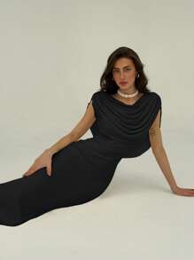 Aloruh 女式纯色垂坠领修身优雅连衣裙 - 黑色 - 查看 5