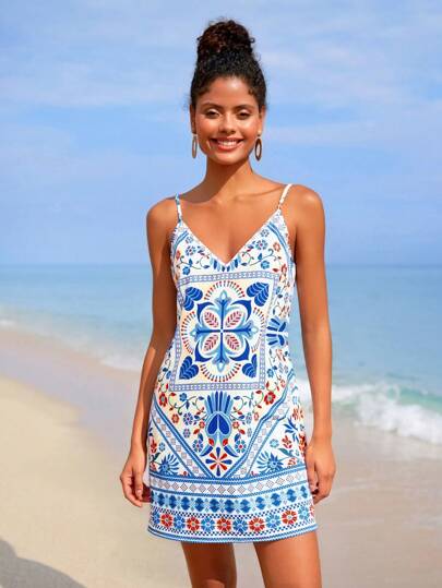 Travachic Women's Boho Tropical Mini Dress, White Woven Spaghetti Strap Backless Summer Holiday Vacation Chic Bohemian Outfits Western Ibiza Style