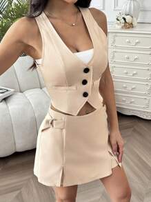 SHEIN EZwear Women's Elegant Apricot Suit Set: Sleeveless V-Neck Woven Vest And Belted Mini Skirt With Slit Detail - Apricot - View 6