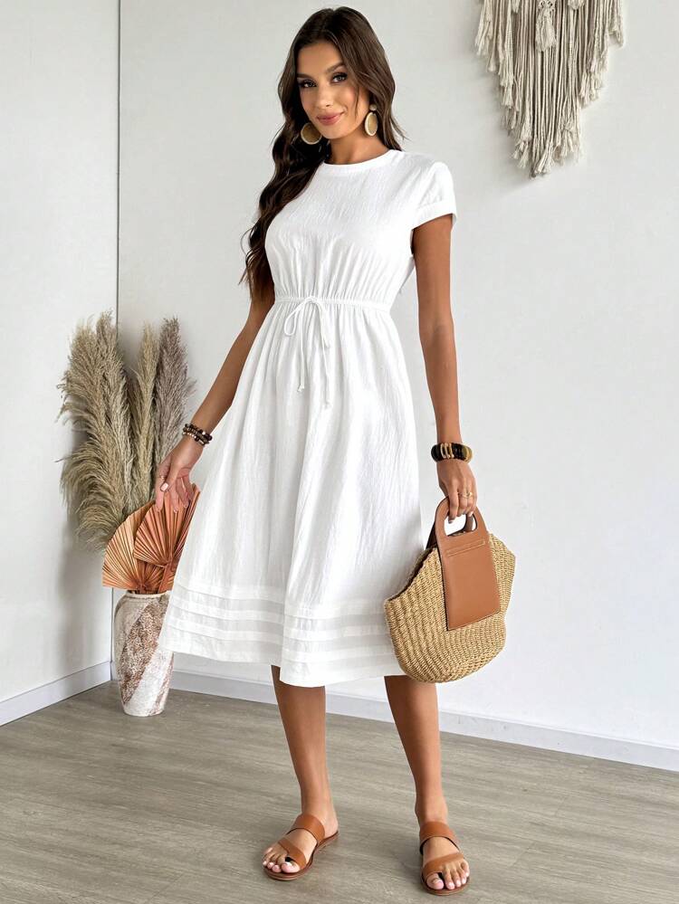 Women Casual Solid Color Drawstring Waist Dress, Perfect For Vacation,Bohemia,Summer Dresses For Women,White Dresses For Women