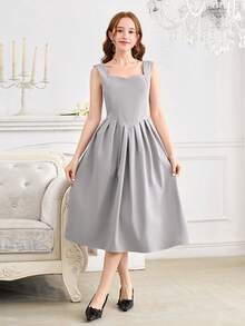 Teen Girls (Girl) 2Pcs Set: Elegant Vintage Woven Pleated Midi Dress & Retro Lapel Short Sleeve Jacket, Autumn/Winter - Grey - View 5