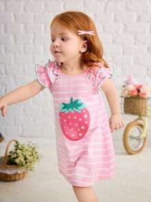 SHEIN Baby Girl Casual Simple Comfortable Round Neck Ruffle Sleeve Strawberry Print Dress - Pink - View 2