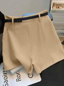 Franclia Women's Pleated Casual Shorts, Solid Color, Fashion, Suitable For Summer - Khaki - View 2