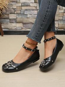 ROMWE Goth New Arrival Women's Round Toe Casual Flat Shoes With Dark Star & Stud Decoration Fall New Year Holiday Valentines Spring Shoes