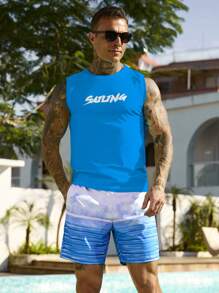 Manfinity Swimmode 2pcs Men's Letter Print Vest & Shorts Swimwear Set,Hawaiian - Blue - View 5