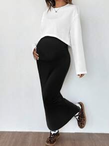 SHEIN Maternity Set: Raglan Long Sleeve Top + Solid Color Fitted Strap Dress, 2pcs, Autumn