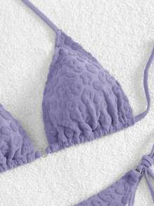 Swim Mod Women's Summer Vacation Beach Solid & Leopard Print Flocked Halter Bikini Set - Purple - View 3