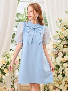 Teen Girl Round Neck Bow Decor Puff Sleeve Mesh Splice Luxurious Party Dress