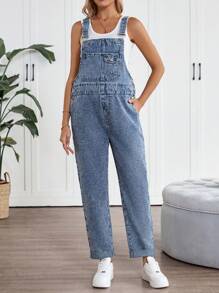 SHEIN Maternity Blue Denim Cuffed Overalls,Mother Day/Mom/Mother/ Mommy/Mother's Day/Mama/Mum/Mother's Day Gift,Summer Tops / Summer Outfits For Women / Summer For Women / Summer Clothes Mother's Day / Mother's Day,4th Of July,Graduation Outfit,Brunch Outfits For Women, - Blue - View 1