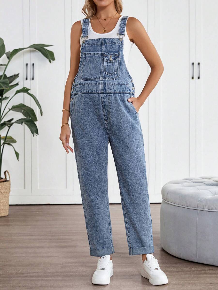 SHEIN Maternity Blue Denim Cuffed Overalls,Mother Day/Mom/Mother/ Mommy/Mother's Day/Mama/Mum/Mother's Day Gift,Summer Tops / Summer Outfits For Women / Summer For Women / Summer Clothes Mother's Day / Mother's Day,4th Of July,Graduation Outfit,Brunch Outfits For Women, - Blue - View 1