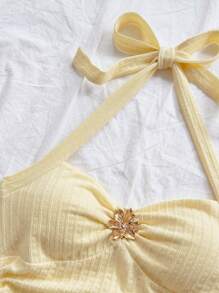 Soleia Canotta da donna con scollo a V, decorazione floreale e fibbia metallica, chiusura sul retro, aderente, tessuto strutturato, adatta per vacanza, appuntamento, tè pomeridiano, vacanza, festival musicali, stile bohémien, matrimonio all'aperto, primavera/estate