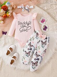 Baby Girl Letter Print Bodysuit & Butterfly Print Pants 2Pcs Set - Pink - View 1